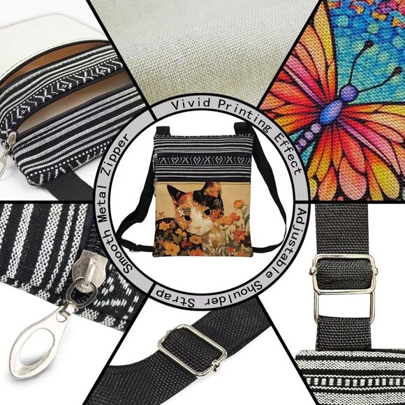 Floral Cat Crossbody Bag Small Ethnic Pattern Adjustable Strap Zipper Bag - Picture 4 of 7